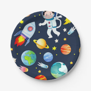 Astronaut in Space Planets and Rockets Pattern Paper Plate