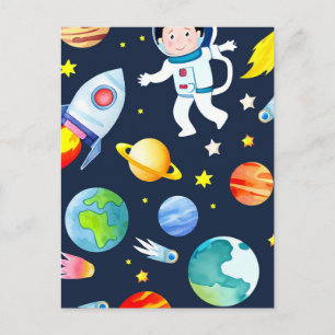 Astronaut in Space Planets and Rockets Pattern Postcard