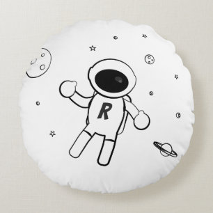Astronaut In Space - Sketched Art in Black & White Round Cushion