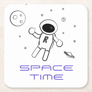 Astronaut In Space - Sketched Art in Black & White Square Paper Coaster
