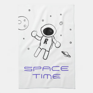 Astronaut In Space - Sketched Art in Black & White Tea Towel