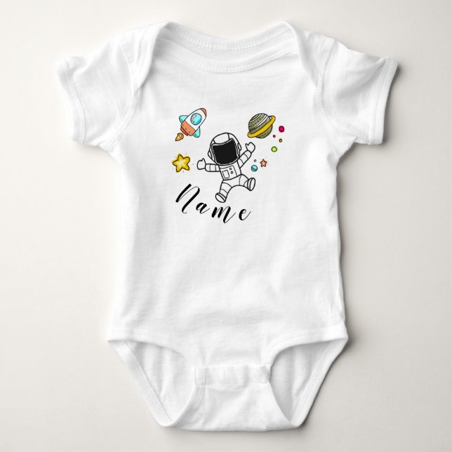 Astronaut in space with babies name baby bodysuit (Front)