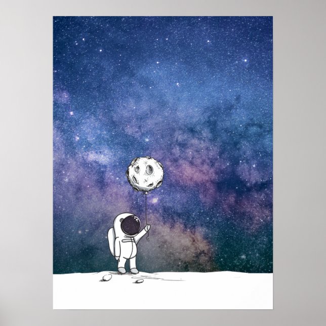 Astronaut in space with moon balloon cosmos stars poster (Front)