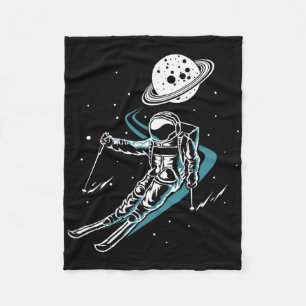 Astronaut In Space With Ski Funny Skiing Fleece Blanket