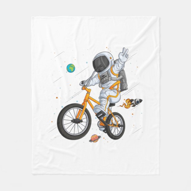 astronaut in spacesuit riding bmx bike on space ov fleece blanket (Front)