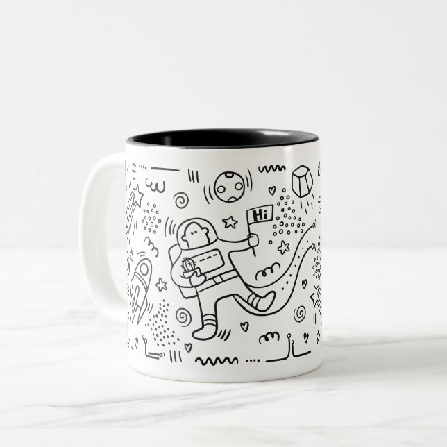 Astronaut in the space doodle Two-Tone coffee mug (Front Left)