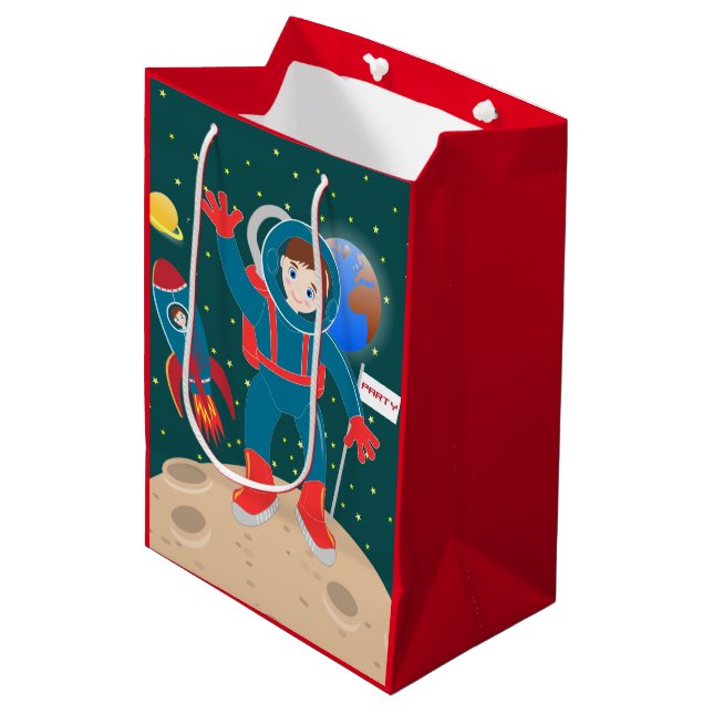 Astronaut kid on the moon birthday party medium gift bag (Front Angled)