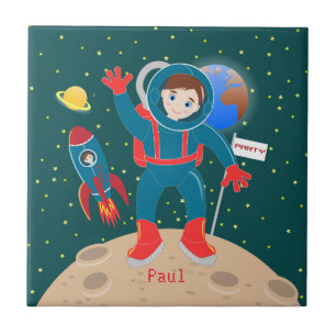 Astronaut kid on the moon birthday party tile