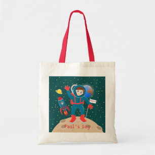 Astronaut kid on the moon birthday party tote bag
