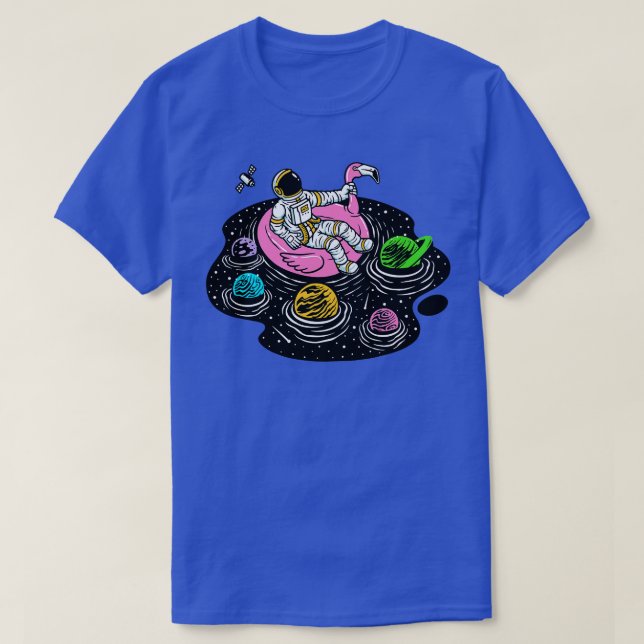 Astronaut Lounging in a Space Pool on a Pink Flami T-Shirt (Design Front)