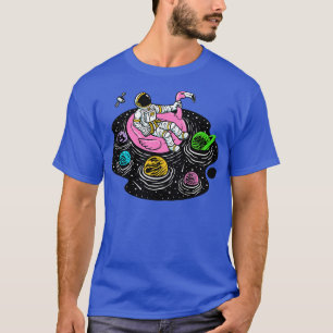 Astronaut Lounging in a Space Pool on a Pink Flami T-Shirt