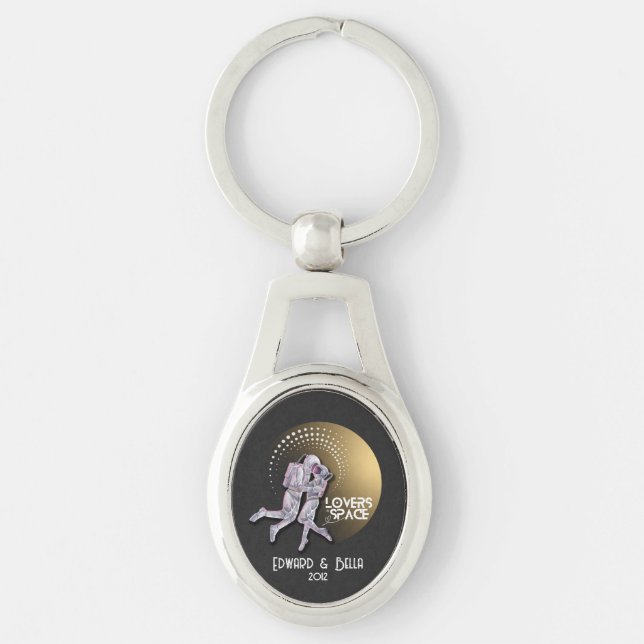 Astronaut Lovers Kissing in Space with Gold Planet Key Ring (Front)