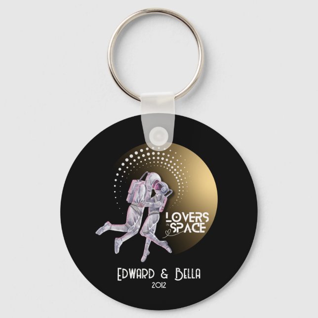 Astronaut Lovers Kissing in Space with Gold Planet Key Ring (Front)