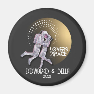 Astronaut Lovers Kissing in Space with Gold Planet Magnet