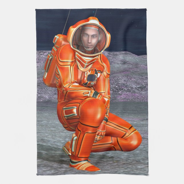 Astronaut Mars Space Explorer on Alien Planet Tea Towel (Vertical)