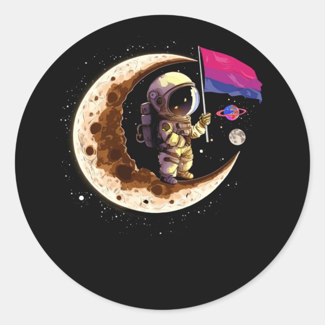 Astronaut Moon Bisexual Flag Space LGBTQ Gay Pride Classic Round Sticker (Front)