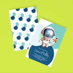 Astronaut Moon Rocket Blue 1st Birthday Invitation