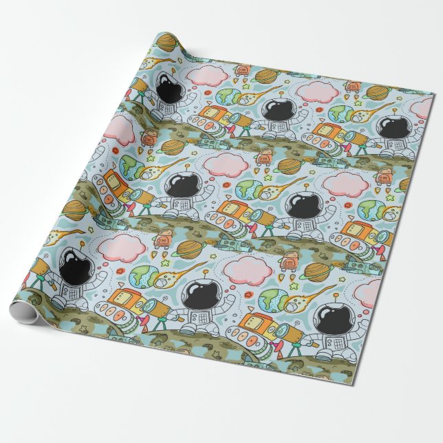 Astronaut Moon Walk Birthday Party Theme Wrapping Paper (Unrolled)