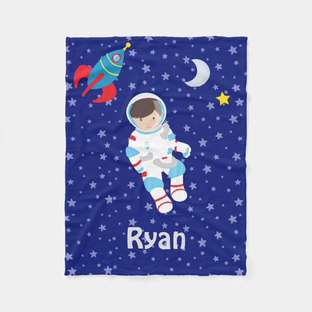 Astronaut Night Sky Moon Star Rocket Fleece Blanket (Front)