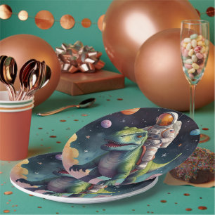 Astronaut on Dino in Space Paper Plate