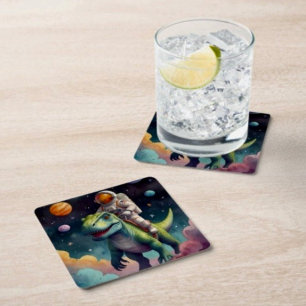 Astronaut on Dino in Space Square Paper Coaster