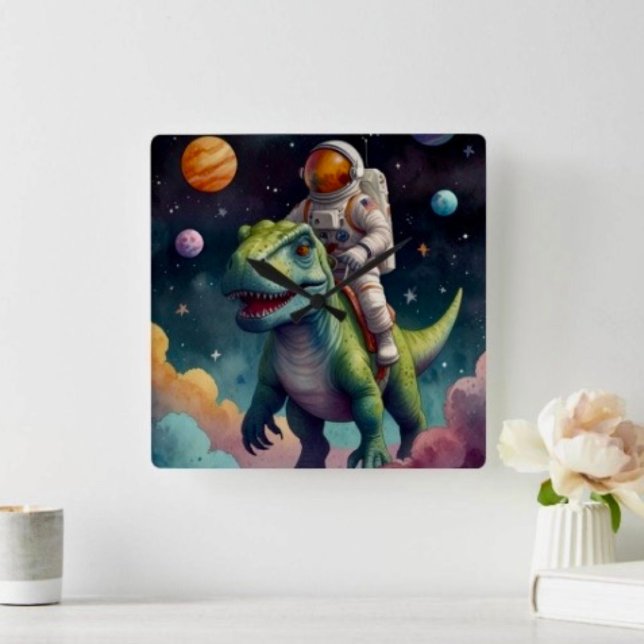 Astronaut on Dino in Space Square Wall Clock (Creator Uploaded)