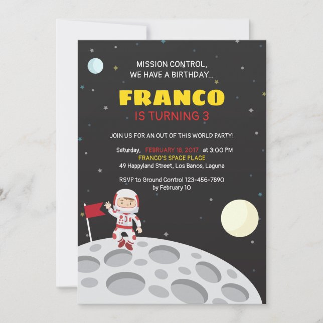 Astronaut on Moon Birthday Invitation (Front)
