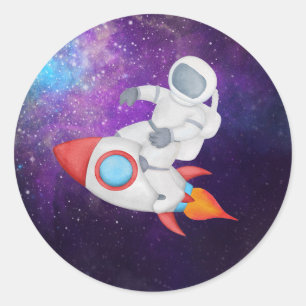 Astronaut on rocket classic round sticker