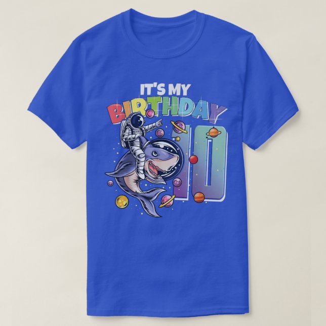 Astronaut on Shark 10th Birthday Boy Girl 10 Years T-Shirt (Design Front)