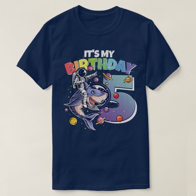 Astronaut on Shark 5th Birthday Boy Girl 5 Years 2 T-Shirt (Design Front)