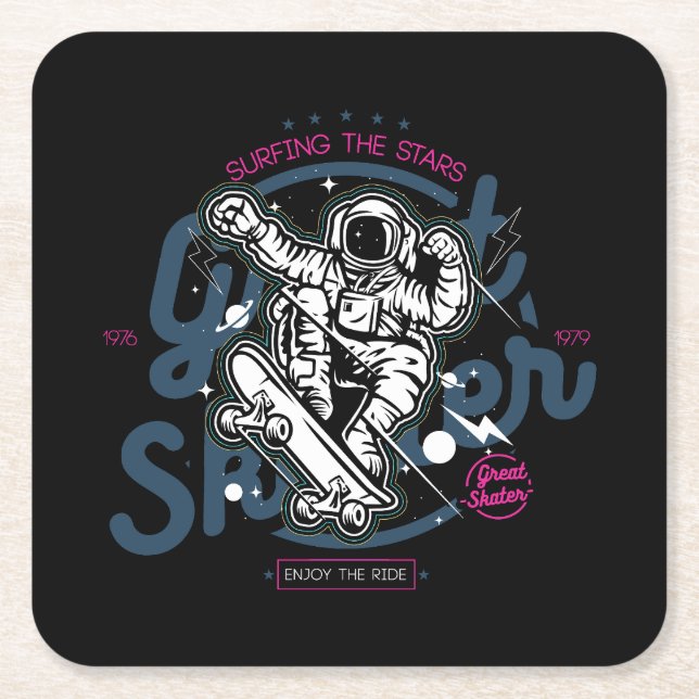 Astronaut on Skateboard | Surfing the Stars Square Paper Coaster (Front)