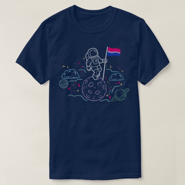 Astronaut on the Moon holding Biseual Flag in the  T-Shirt (Design Front)