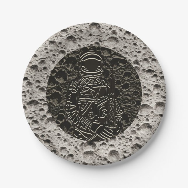 Astronaut on the Moon Space Black & Grey Paper Plate (Front)
