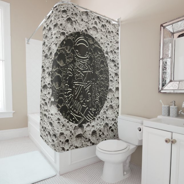 Astronaut on the Moon Space Black & Grey Shower Curtain (In Situ)
