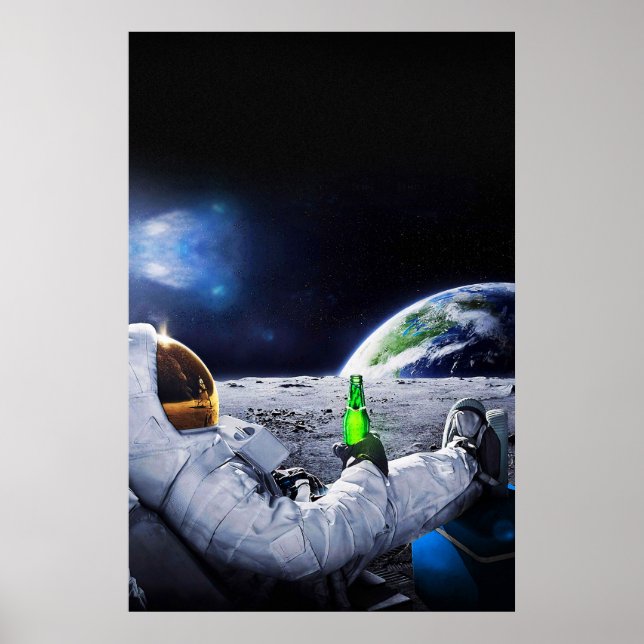 Astronaut on the Moon with beer Poster (Front)