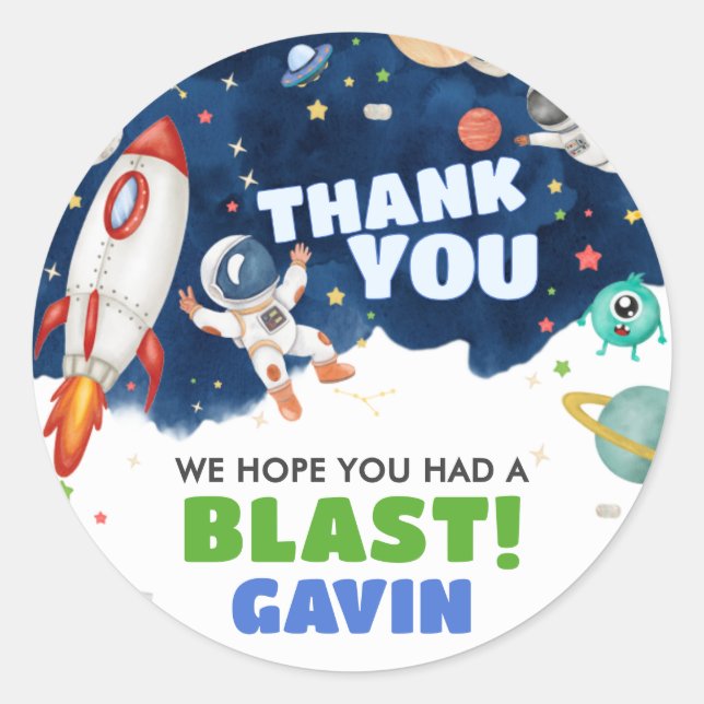 Astronaut Outer Space Birthday Party Classic Round Sticker (Front)