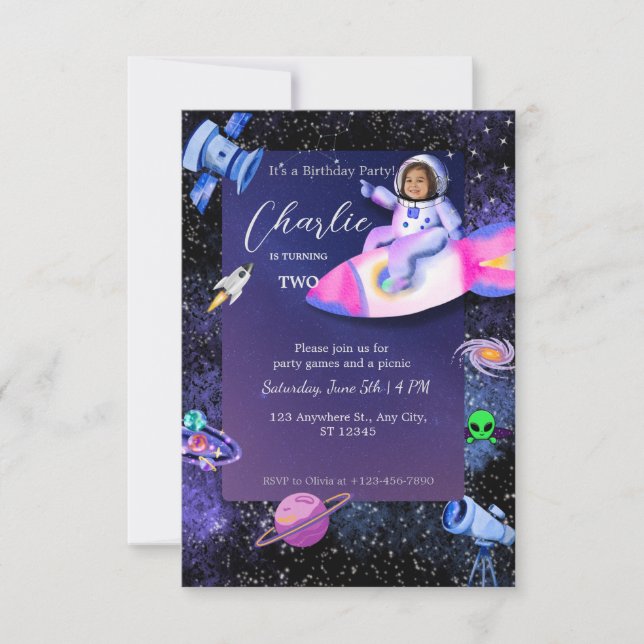 Astronaut Outer Space Birthday Photo  Invitation (Front)