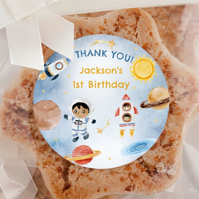 Astronaut Outer Space Birthday Thank You Classic Round Sticker (Creator Uploaded)