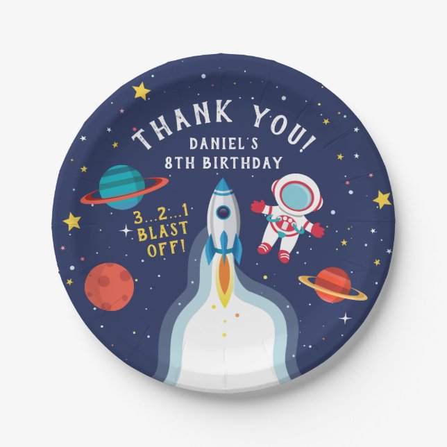 Astronaut Outer Space Birthday Thank You Paper Plate (Front)