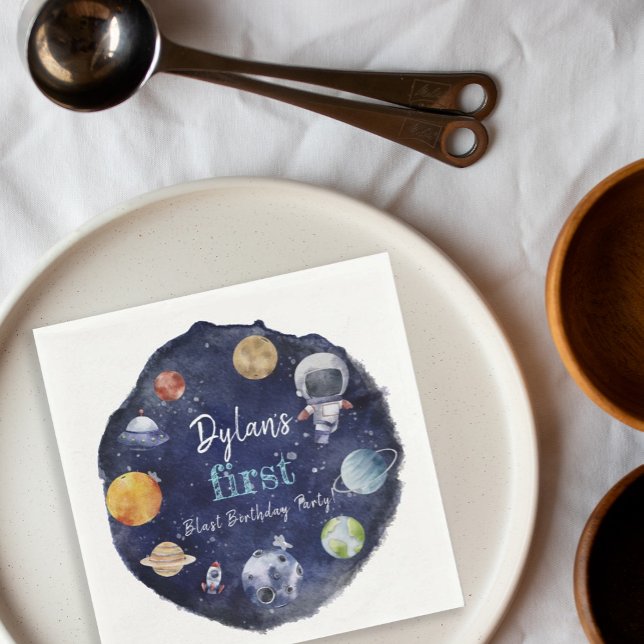 Astronaut Outer Space Boy 1st Birthday Party Napkin (Astronaut Outer Space Boy 1st Birthday Favor Tags Napkins)