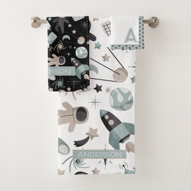 Astronaut Outer Space Explorer Cool Blue Pattern Bath Towel Set (Insitu)