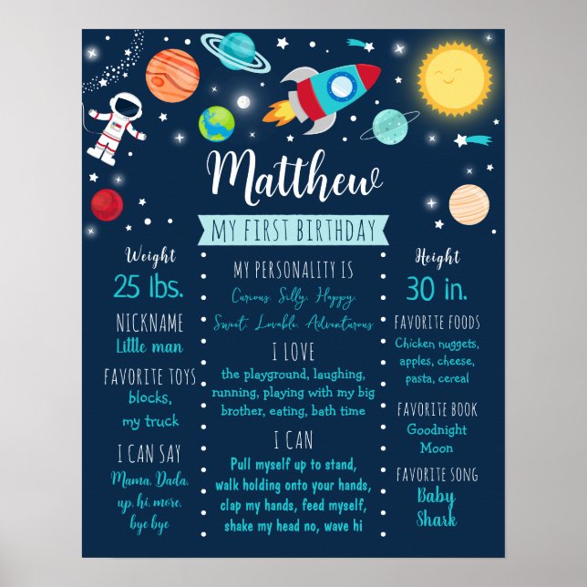 Astronaut Outer Space First Birthday Milestone Poster (Front)