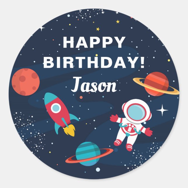 Astronaut Outer Space Rocket Ship Birthday Classic Round Sticker (Front)