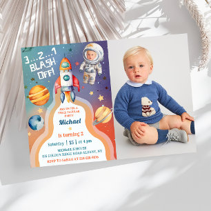 Astronaut Outer Space Rocket Ship Birthday Photo Invitation