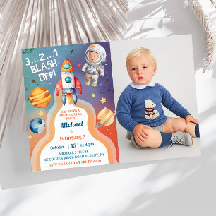 Astronaut Outer Space Rocket Ship Birthday Photo Invitation