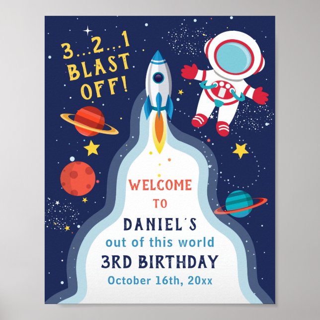 Astronaut Outer Space Rocket Ship Birthday Welcome Poster (Front)