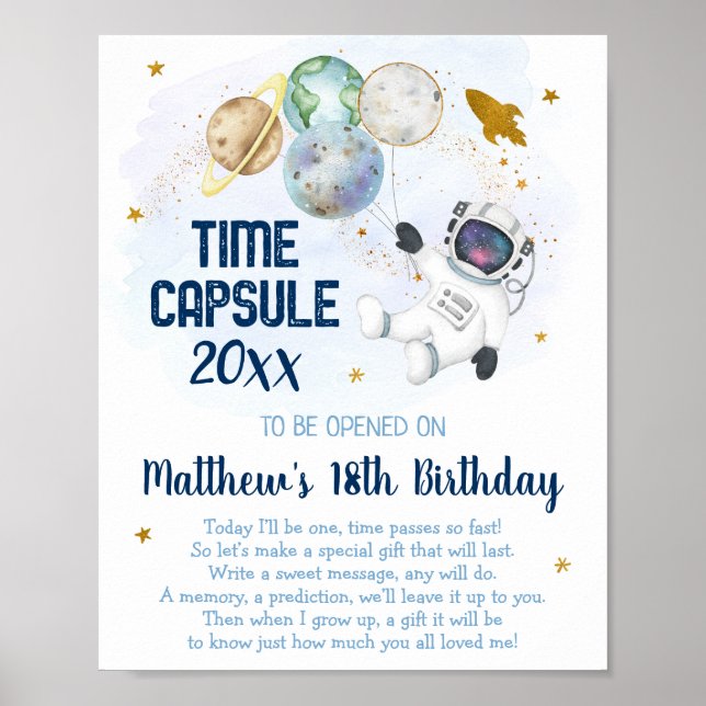 Astronaut Outer Space Time Capsule 1st Birthday Poster (Front)
