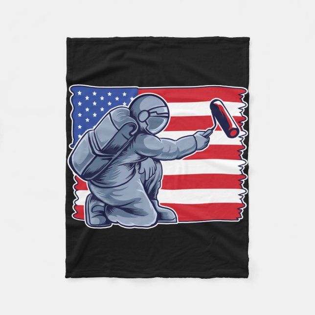 Astronaut Painting US Flag Fleece Blanket (Front)