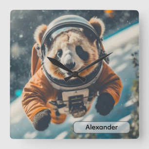 Astronaut Panda in Space Surreal Animal Nursery Square Wall Clock