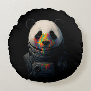 Astronaut Panda with Neon Paint Splash Round Cushion